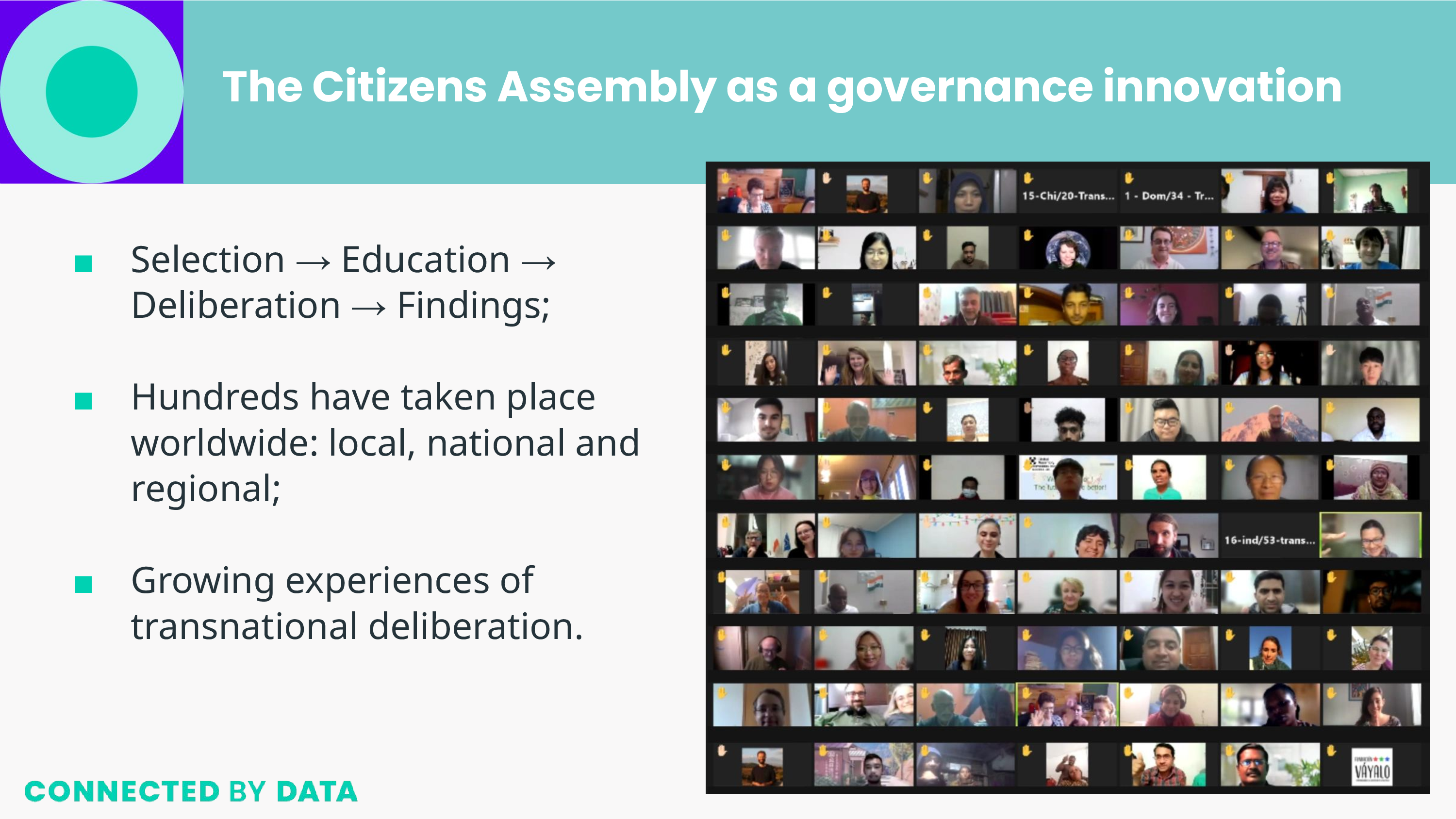 The Citizens Assembly as a governance innovation Selection → Education →  Deliberation → Findings;; Hundreds have taken place worldwide: local, national and regional;; Growing experiences of transnational deliberation.