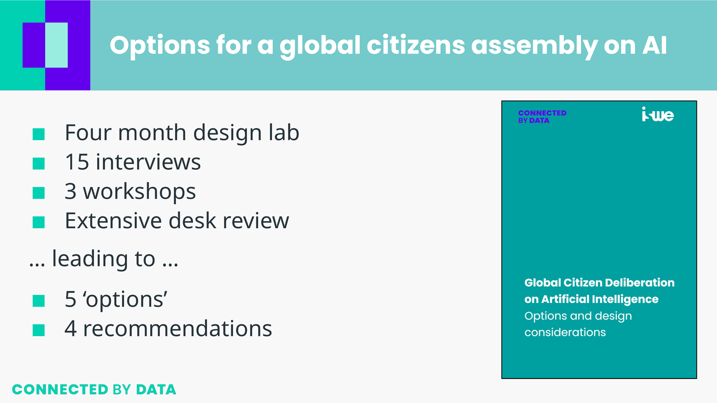 Options for a global citizens assembly on AI Four month design lab: 15 interviews; 3 workshops; Extensive desk review … leading to … 5 ‘options’ & 4 recommendations