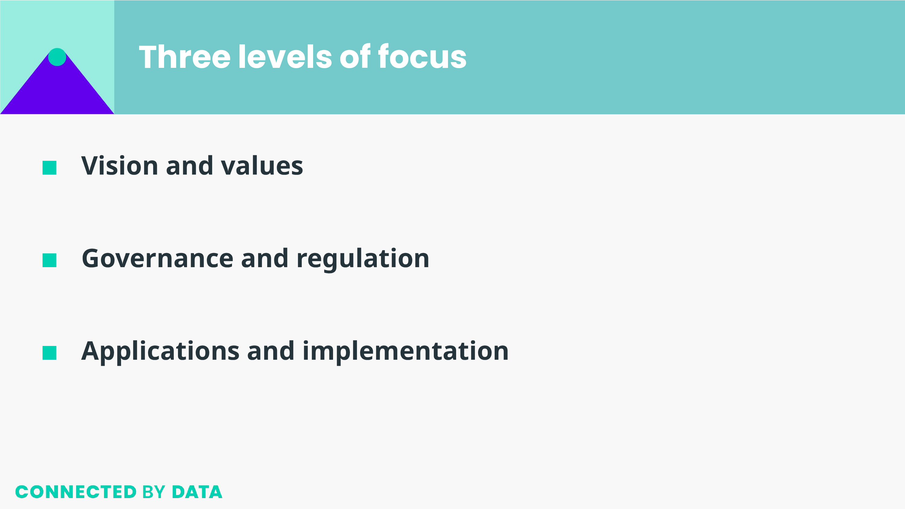 Three levels of focus Vision and values; Governance and regulation; Applications and implementation