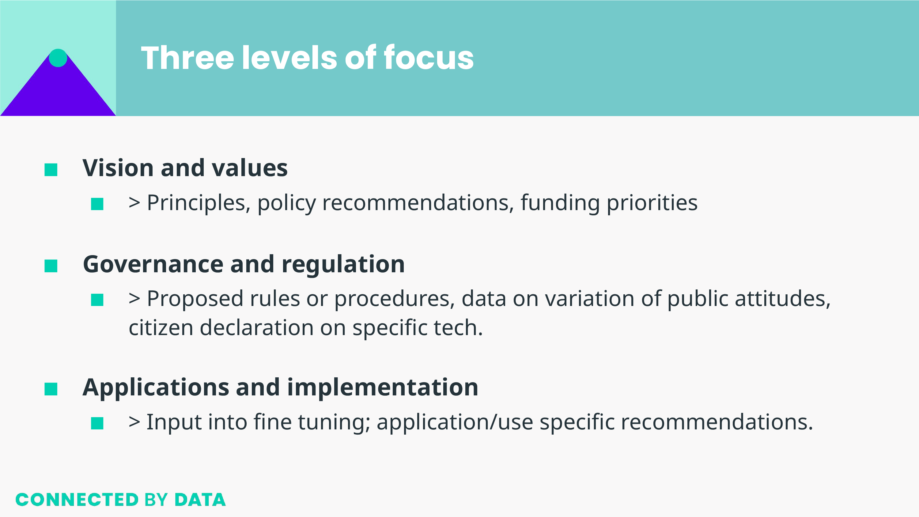 Three levels of focus Vision and values: Principles, policy recommendations, funding priorities; Governance and regulation; Proposed rules or procedures, data on variation of public attitudes, citizen declaration on specific tech.; Applications and implementation; Input into fine tuning; application/use specific recommendations.