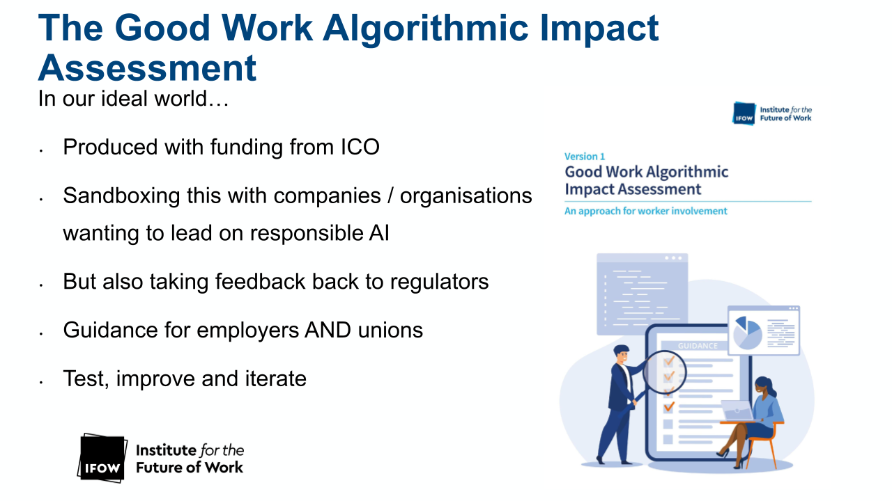 Image of a IFOW slide. It covers their proposal for algorithmic impact assessments"